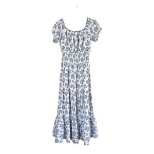 Trixxi Midi Dress Womens Blue Floral Smocked Waist Cottagecore Boho SIZE L